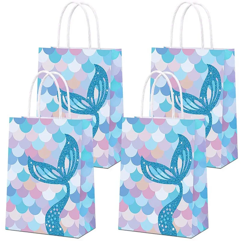 New Arrival White Kraft Paper Bags with Handle Mermaid Theme Candy Gift Carry Bag  Party Decoration