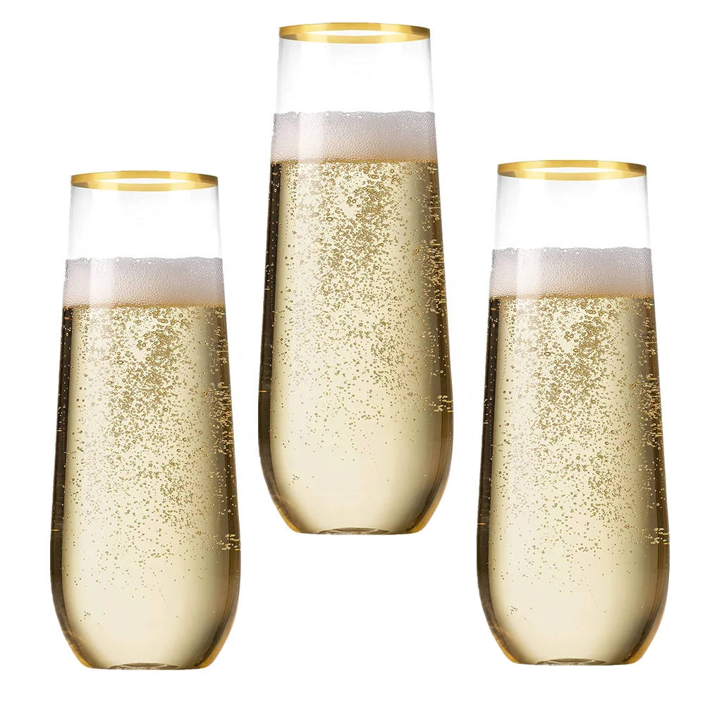 9 Oz Gold Rim Stemless Plastic Champagne Flutes Clear Unbreakable Toasting Wedding Wine Glassware, Shatterproof Disposable cup