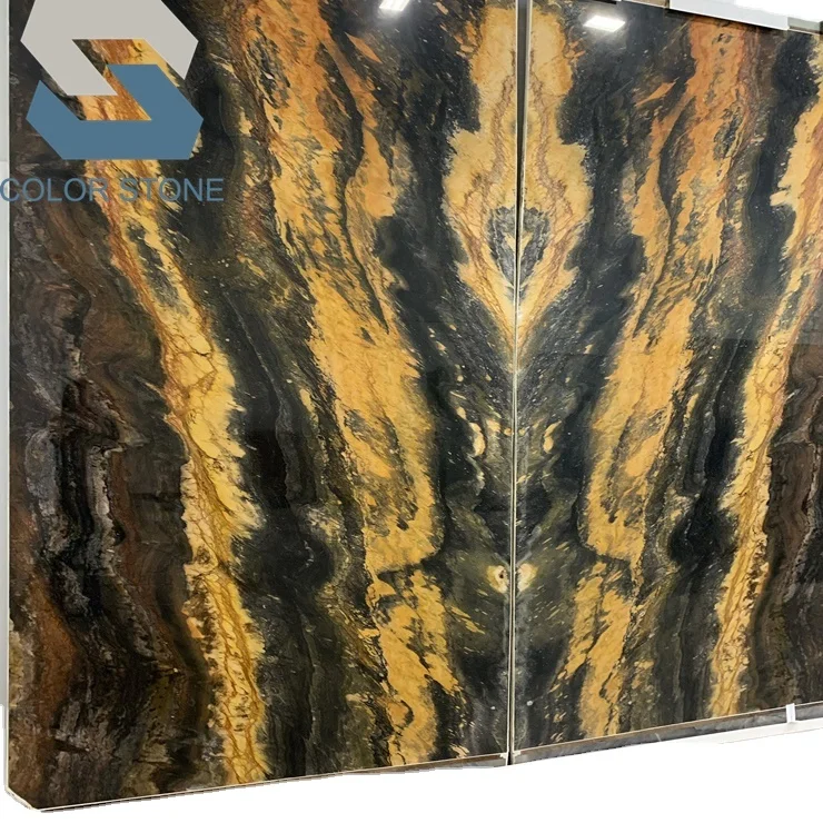 Bookmatched Stone Wall Bold Gold Yellow Waves Black Jacaranda Quartzite Slabs Kitchen Waterfall Island Tops