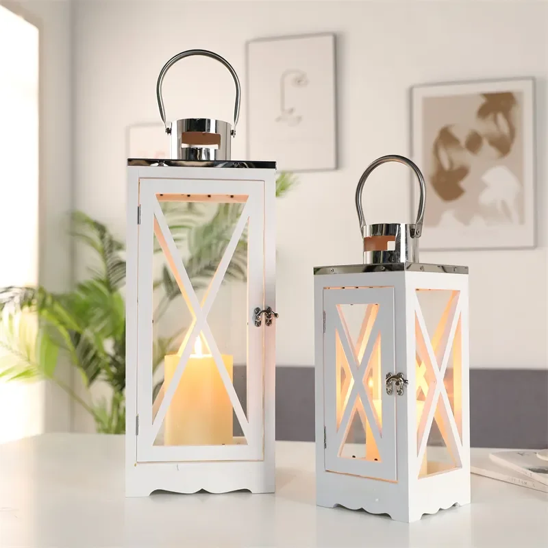 Набор из 2 белых квадратных деревянных стеклянных свечных фонарей с ручкой из нержавеющей стали для внутреннего наружного украшения