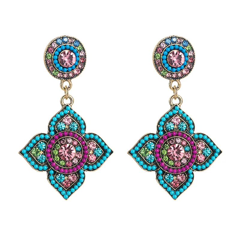 European and American ethnic fashion earrings retro palace style exaggerated colored diamond flower earrings