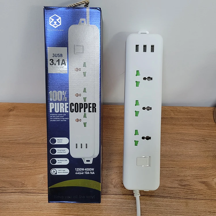 10A 2500W  110-250V 2-meter long universal hole outlet power strip with 3 USB ports for household use