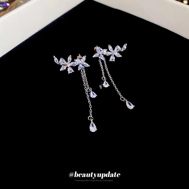 Silver needle super flash full zircon flower fringe earrings ins wind delicate light luxury temperament high se
