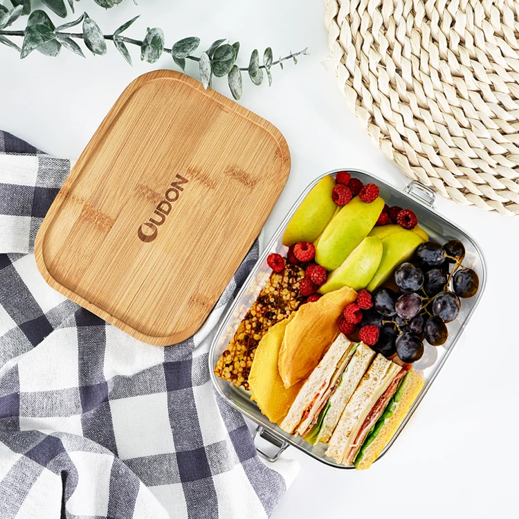 Portable Kids Lunch Box School Food Container 304 Stainless Steel Bento Lunch Box Bamboo Lid