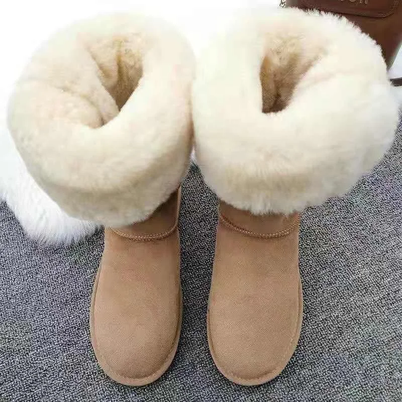 Женские сапоги до колена из натуральной шерсти, осенне-зимние теплые сапоги с круглым носком, женская обувь большого размера