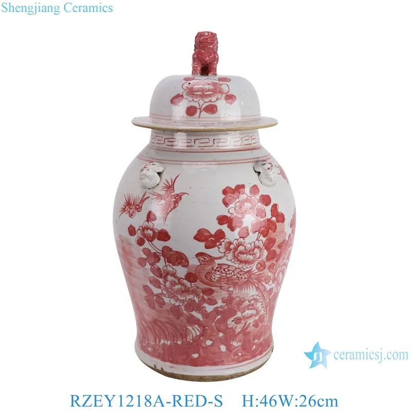 RZEY1218A-RED-S-L Jingdezhen Red and White Hand painted Flower and Bird with Lion Head  Porcelain Ginger Jar Urns