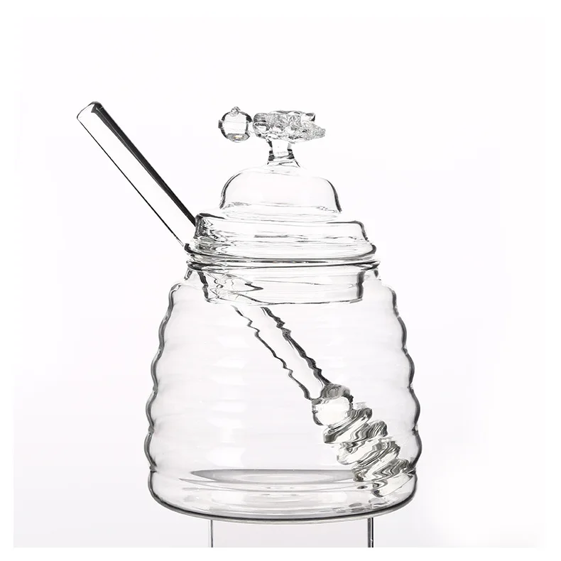 wholesale cheap  glass honey jar hive shape glass storage bottle with stirring rod