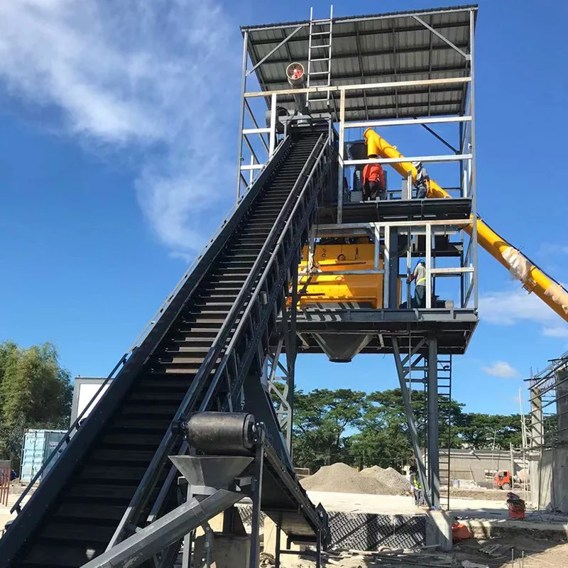 Electric vibrator aggregate hopper belt conveyor type 90M3/H concrete batching plant HZS90 concrete mixing plant in Philippines