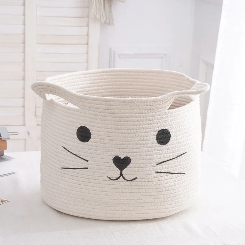 2024 new design custom folding woven small round tray basket home cotton rope storage basket with handles for sundries clothes