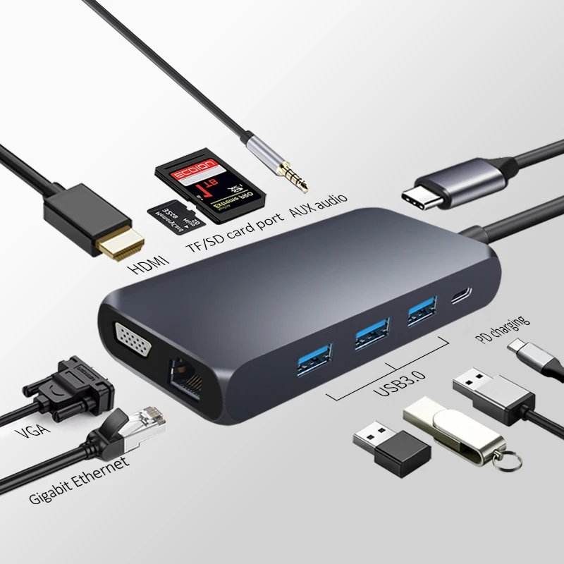 New 10 in 1 USB C Hub All in One RJ45 Internet 4K HDTV Type C Docking Station For Macbookpro Laptop