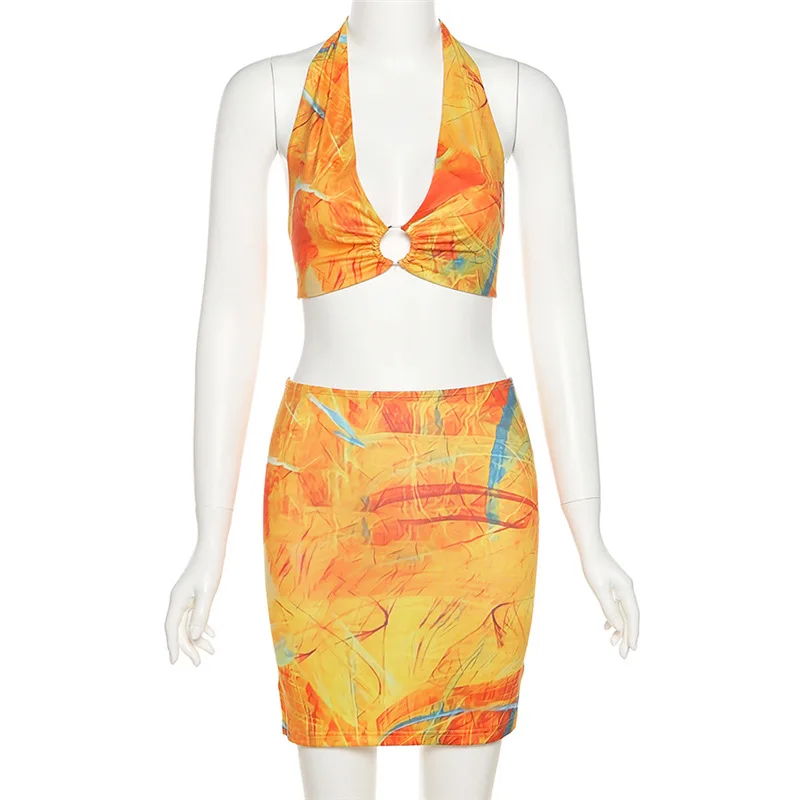 Summer 2022 Women Crop Top Sleeveless Floral Pattern Xs Women Clothing Sets Halter Printing Skirt And Top Set 2 Piece Skirt Set