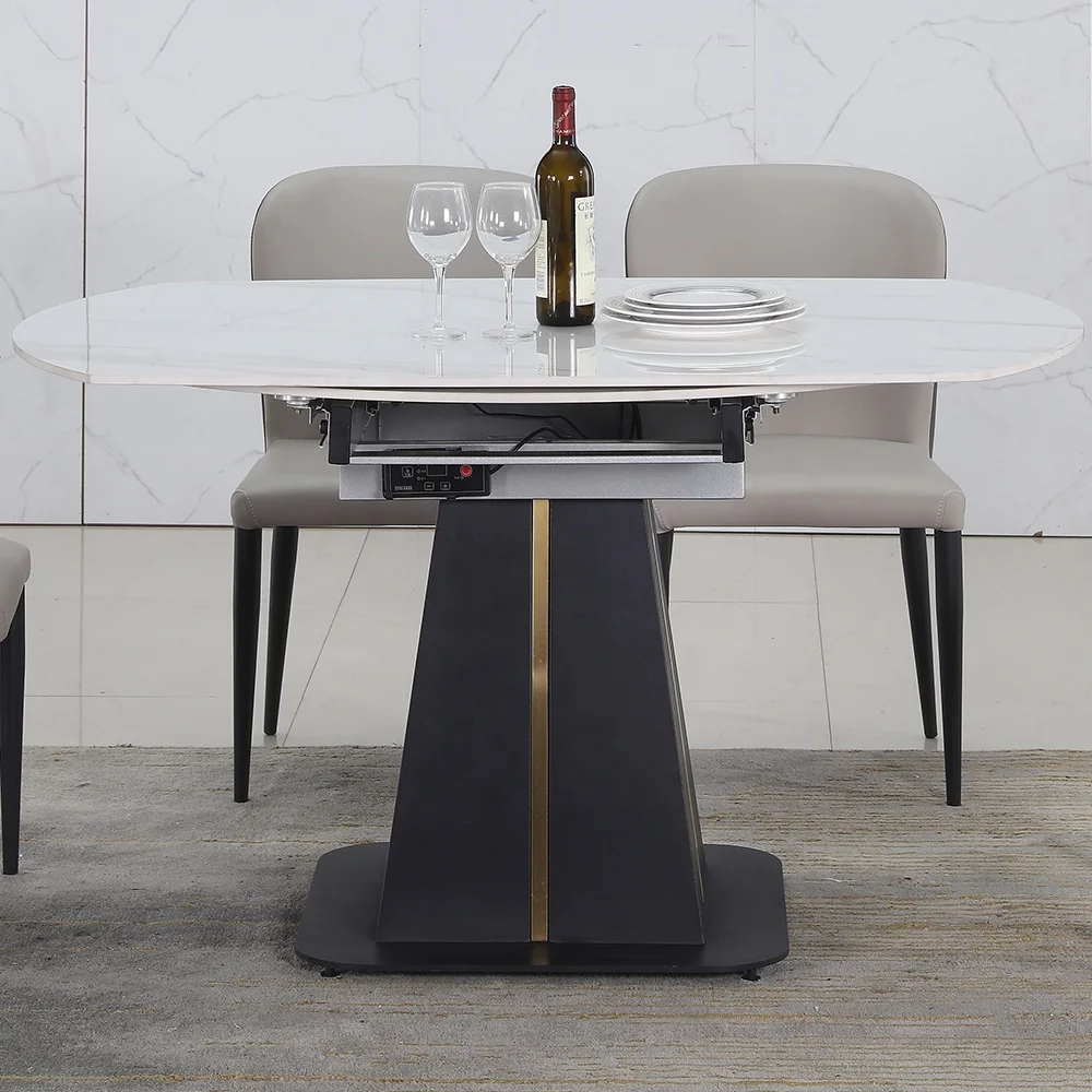 Wholesale Concrete Nordic Black Metal Sintered Stone Round Expandable Dining Table