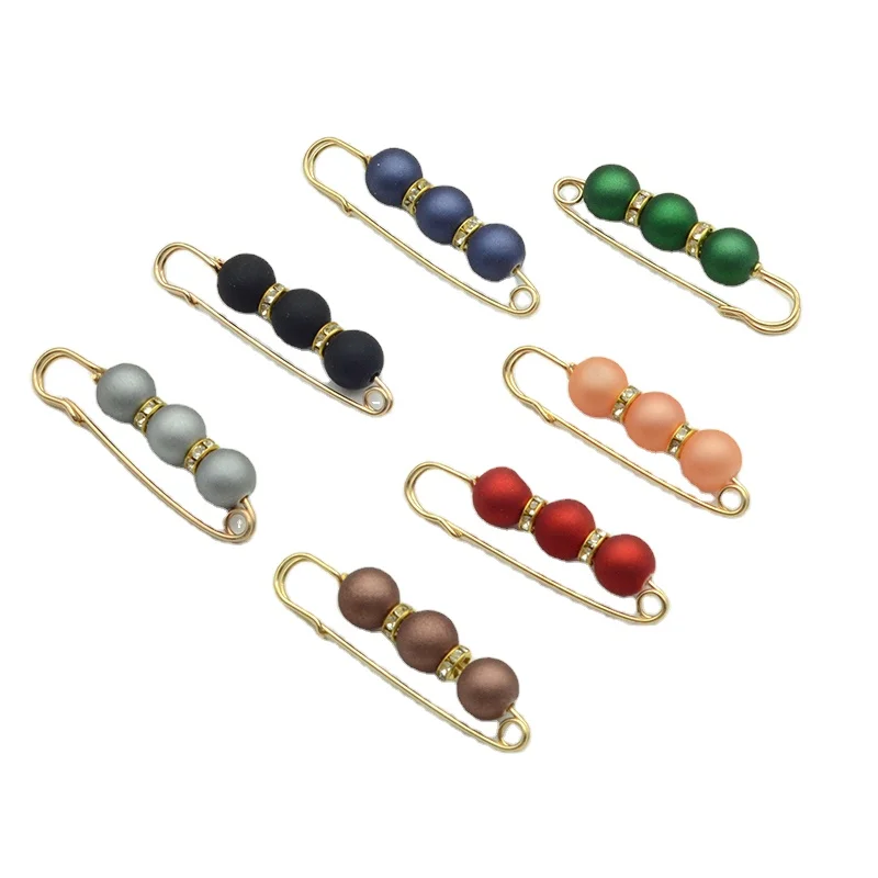 6cm 2.25 inch Golden Simply Brooch With Three Matte Beads Jewelry Kilt Safety Pins