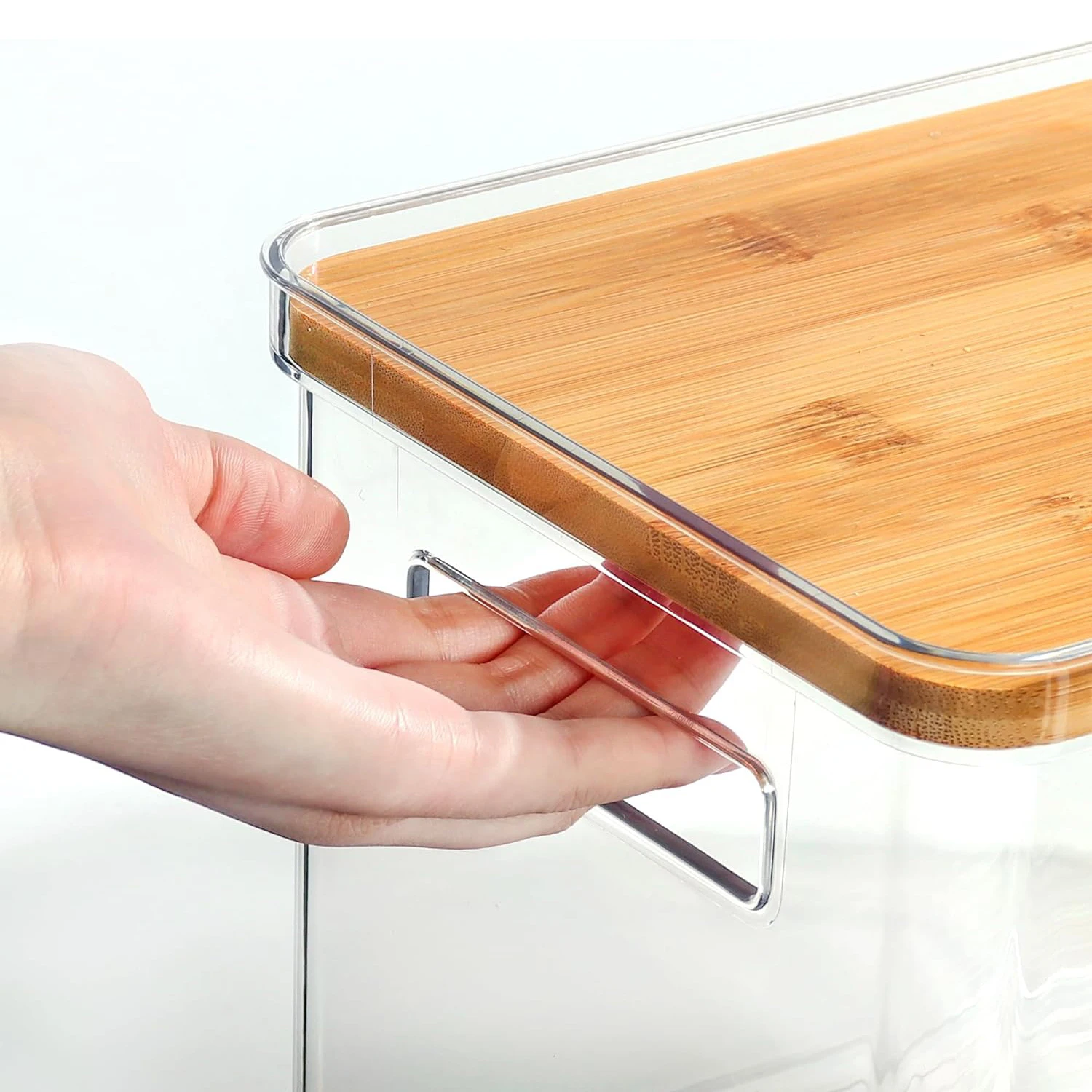 Clear Stackable Storage Basket Acrylic Basket with Bamboo Top Shelf for Onion Potato Vegetable