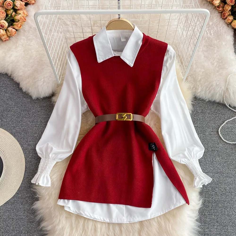 Spring and Autumn Women Long Sleeve Set White Shirt Sweater Loose Knitted Vest Shirt Two Piece Set For Women