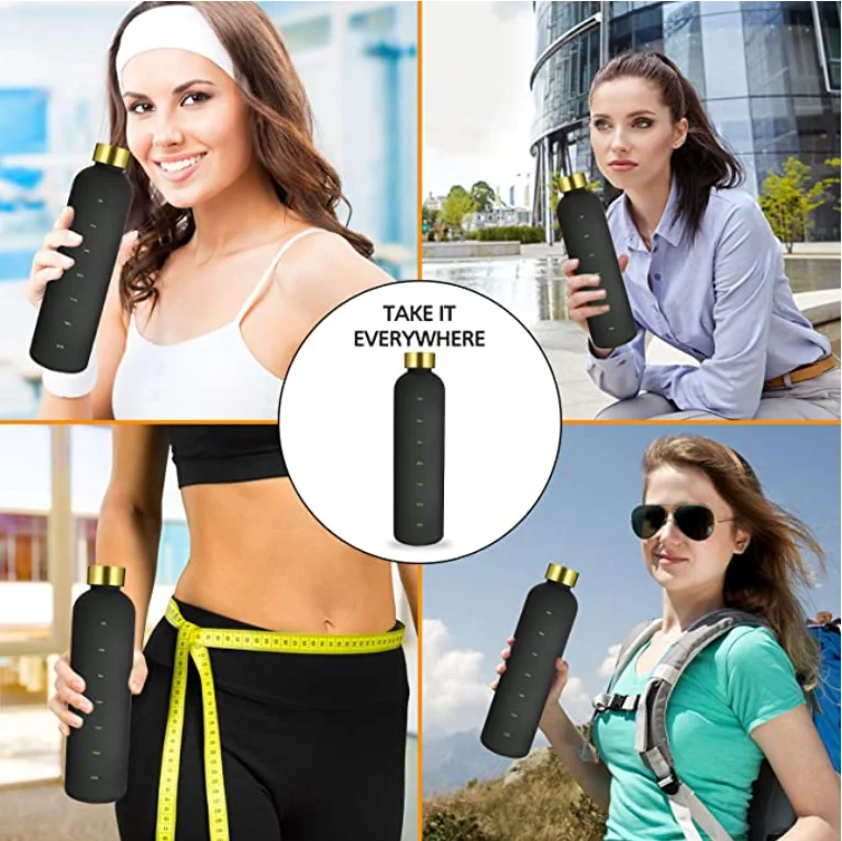 Water Bottle with Motivational Time Marker Reminder 32oz 1 Liter BPA Free Frosted Tritan Plastic Leakproof and Durable Water jug