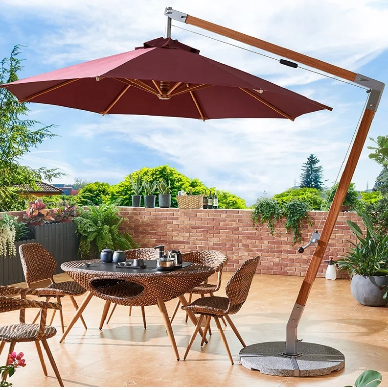 High Quality Teak Wood Deluxe Cantalever Umbrella Outdoor Garden Resorts Parasol Sun Proof Umbrellas