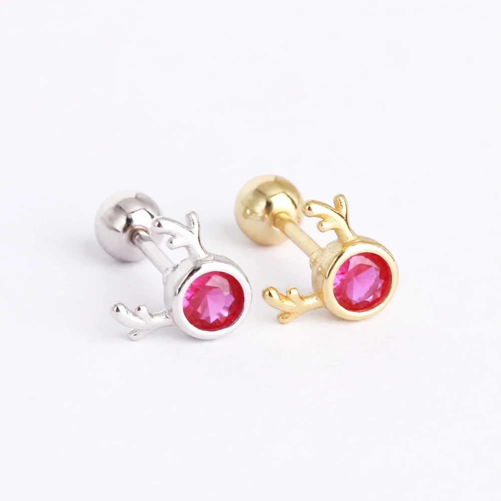 Trendy Women Cartilage Piercing Jewelry Dainty Deer Horn Design Earring Arete Gold Plated 925 Sterling Silver CZ Stud Earing