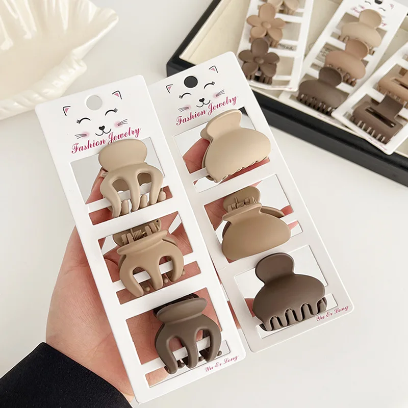 Fashion Coffee Color Small Size 3Pcs/Set Matte Plastic Hair Claws Flowers Square Ponytail Hair Clips Wholesale