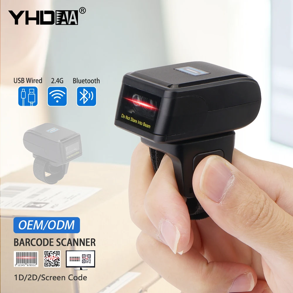 YHDAA High Quality Anti Drop Portable 1D 2D Bluetooth Wireless Barcode Reader Finger Ring Barcode Scanner For Supermarket