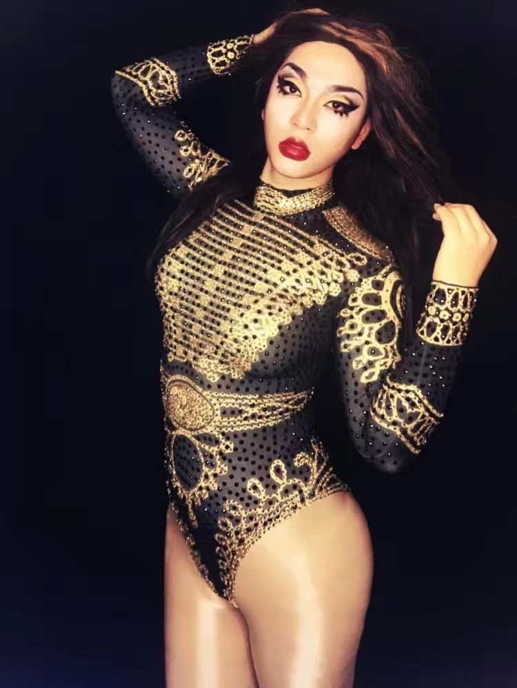 Shiny Elastic Tights Black Red Military Rhinestones Bodysuit Women Sexy Singer Dancer Leotard Stage Costume Club Party Playsuits