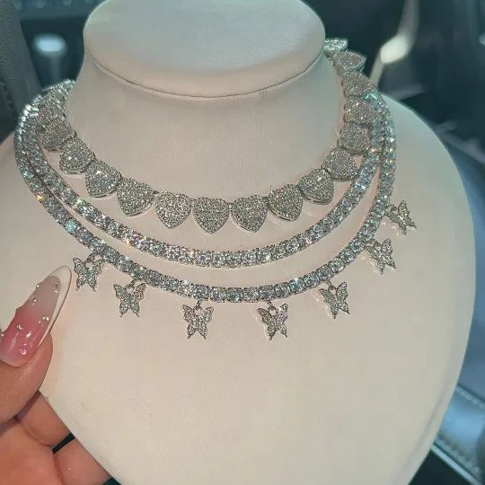 trendy women delicate tennis chain choker necklace silver brilliant shining cubic zirconia diamond butterfly charms necklace