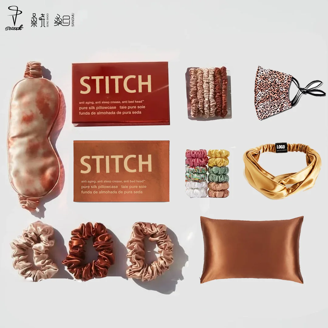 Custom logo ivory pure silk pillowcase scrunchie box hair tie luxury sleep eye mask 100% mulberry silk pillow case set