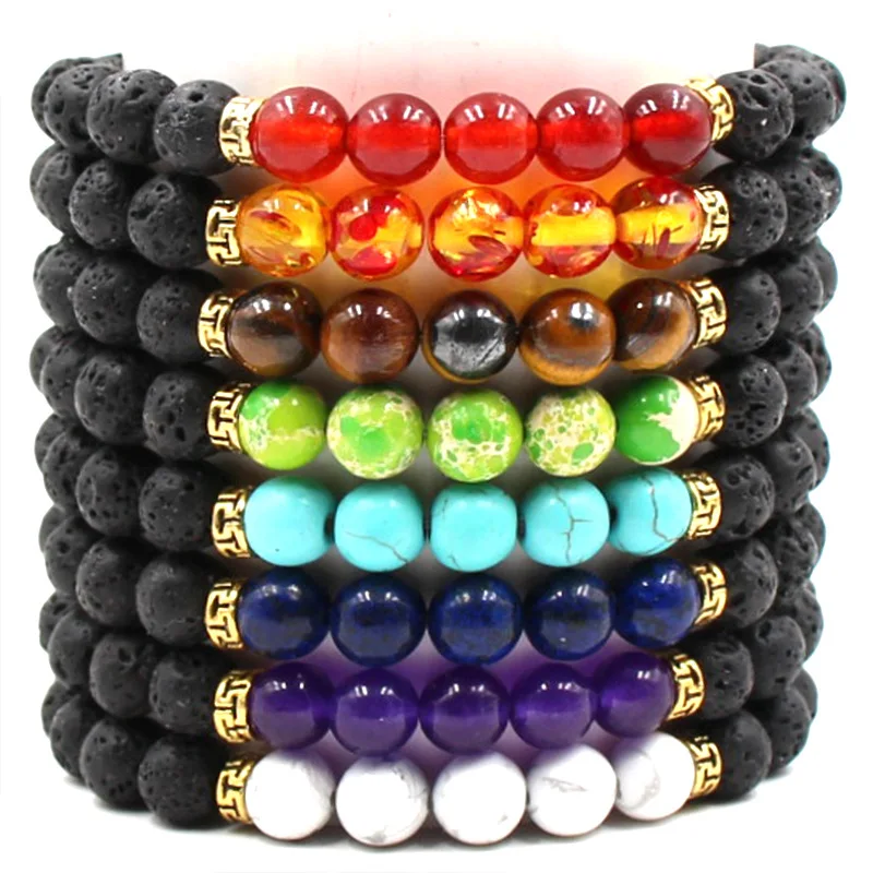 Black Volcanic Rock Lava Stone Bracelet Natural 8mm 7 Chakra Bracelet Crystal Turquoise Beaded Bracelet for Men and Women