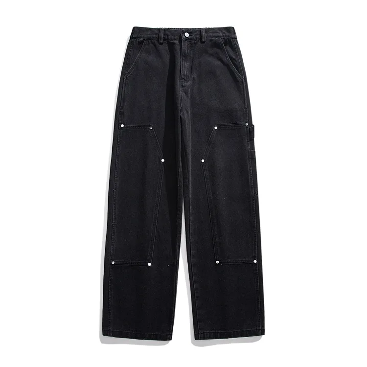 Custom Logo Double Knee Carpenter Pants Men Distressed High Waist Loose Fit Denim Stack Jean Wide Leg Baggy Cargo Button