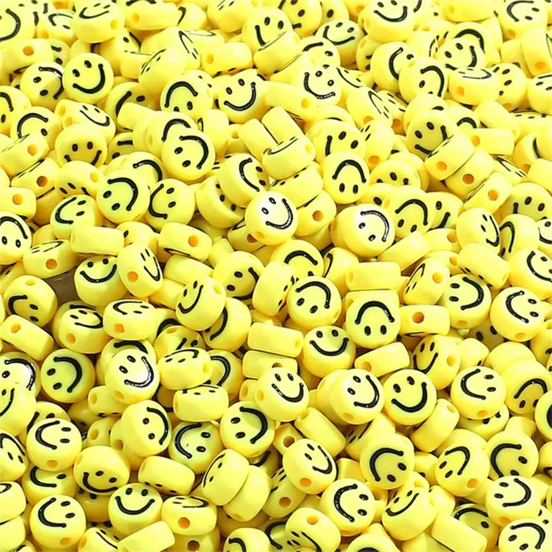 Oval Shape Yellow Smiley Face Beads Flat Round Acrylic Spaced Beads For Jewelry Making DIY Bracelet Necklace