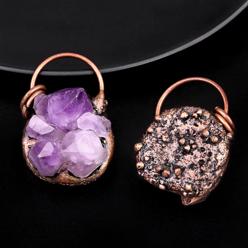 Wholesale Vintage Copper Jewelry Irregular Cut Amethyst Natural Stone Pendant DIY Jewelry Vintage Style Jewelry