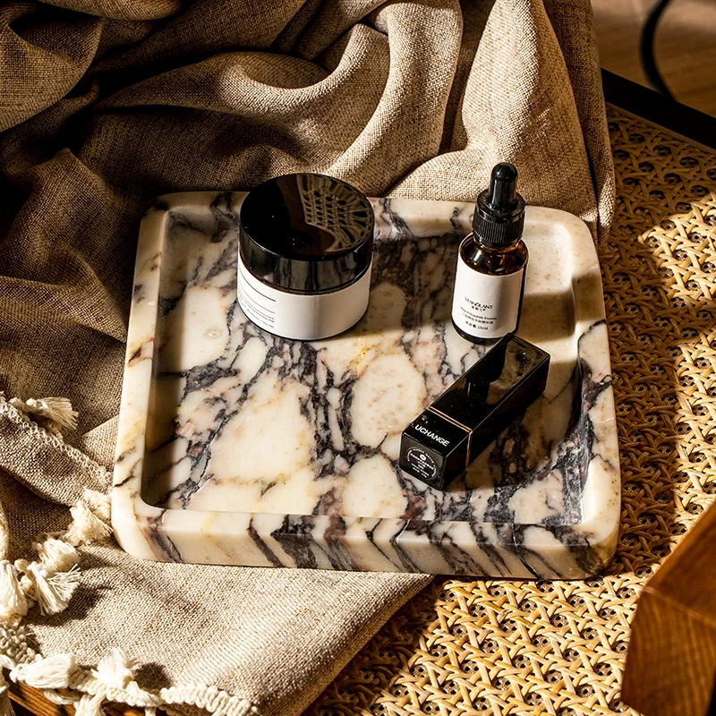 stonekocc Italian Calacatta Viola with Purple Veins Natural Marble Tray Decor Minimalist Trinket Catchall Stone Tray Decorative