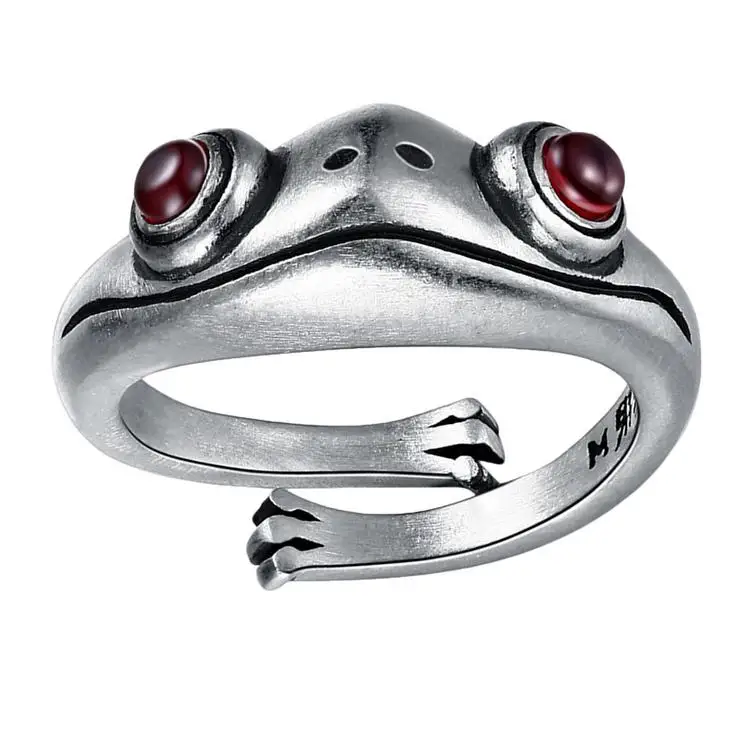 
Vintage Frog Ring with Red Jade Garnet, Women Cute Frog Finger Adjustable Open Ring Gifts for Valentines Day 