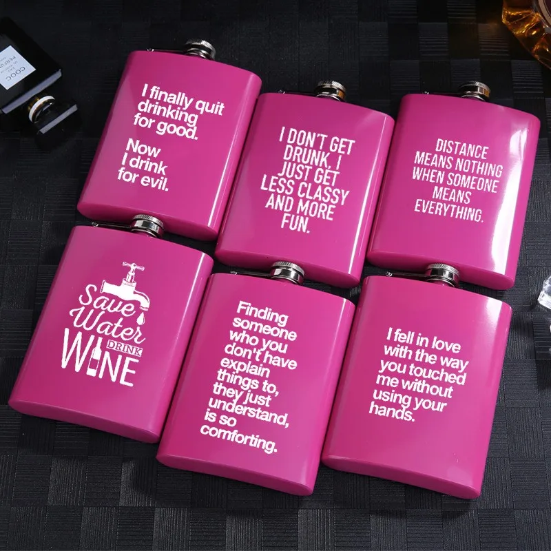 Customized laser engraved pink color 8 oz stainless steel whisky hip Flask