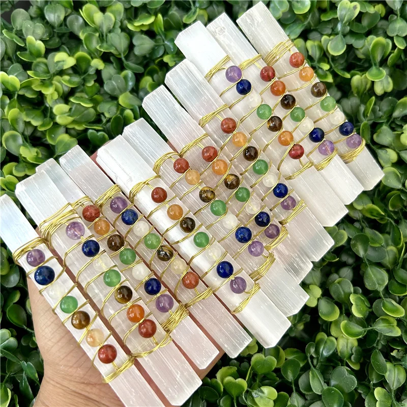Wholesale high quality natural Reiki Healing 7 Chakra Selenite Stick Wired with colourful Crystals wand for Sale