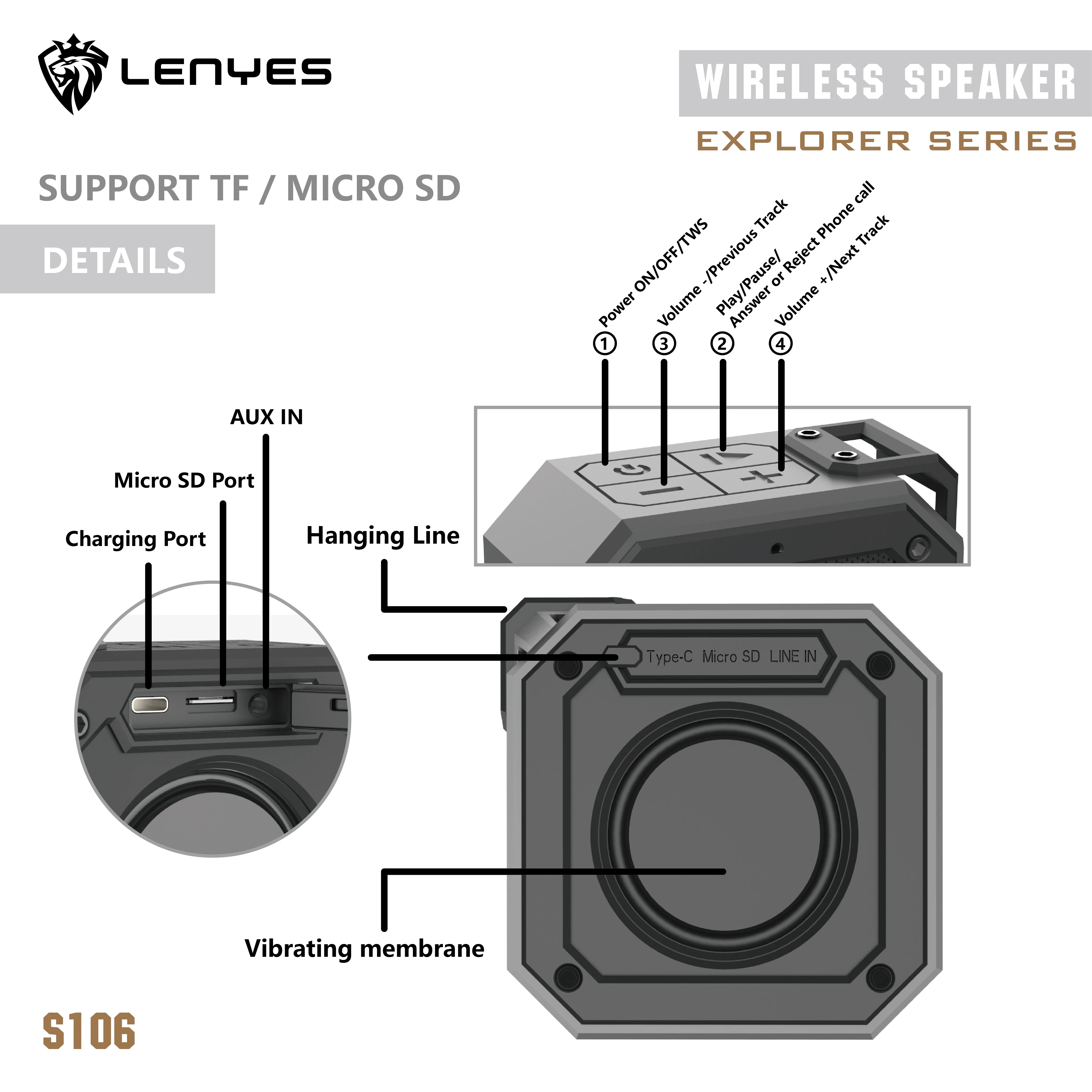 Lenyes S106 12W Heavy Bass Column Stereo Waterproof IPX7 Subwoofer Speaker Portable Wireless Speaker