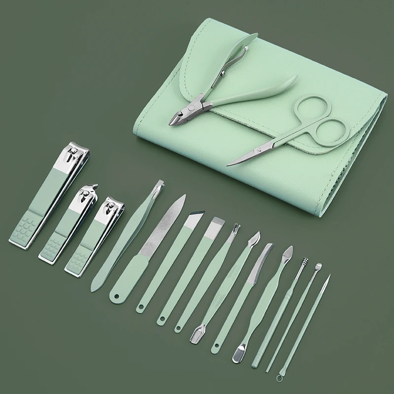 Wholesale Stainless Steel Green Manicure Set 16Pcs Pedicure Manicure Set Nail Care Tool With Pu Bag