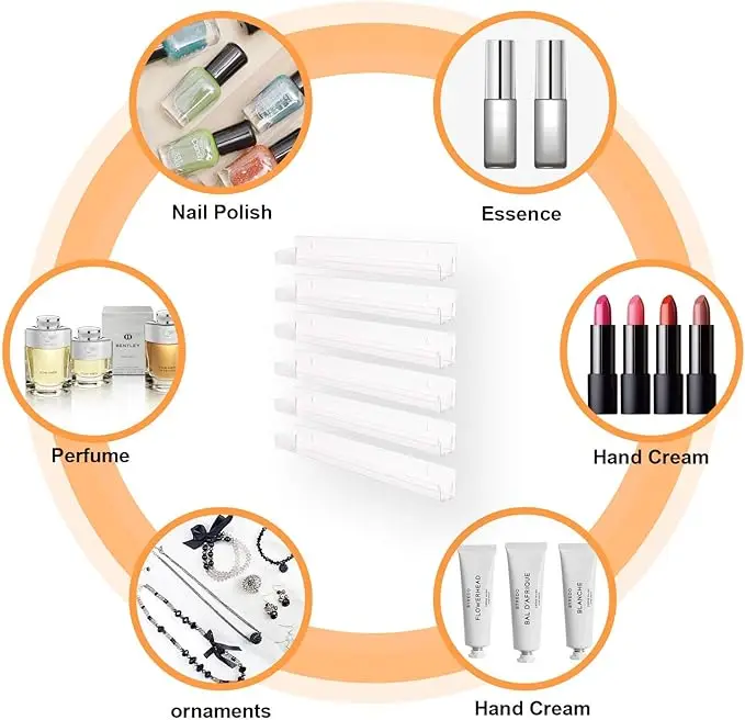 6 Pack Acrylic Clear Nail Polish Wall Mounted Holder, Nail Polish Shelf with Removable Anti-slip End Inserts for Store/Bathroom