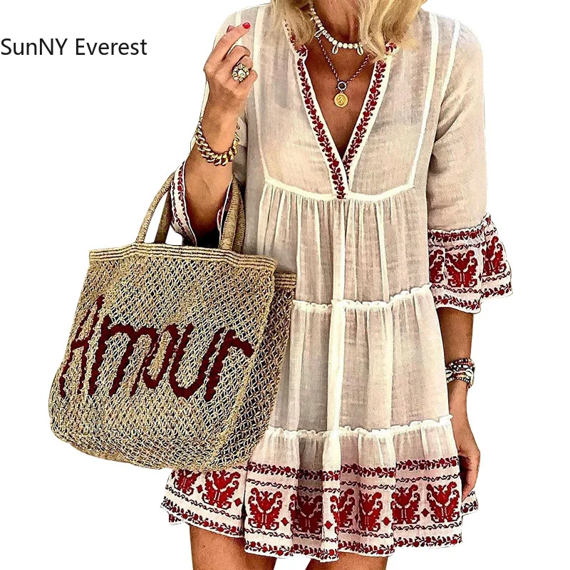 Женское платье с вышивкой SUNNY Everest, платье-макси из хлопка и льна с V-образным вырезом, одежда в богемном стиле, 2021