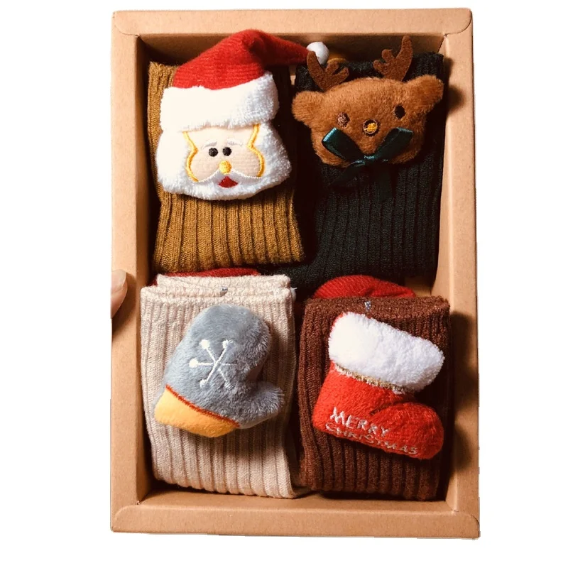 Вязаные хлопковые рождественские носки для малышей, толстые теплые уютные зимние Праздничные Носки средней длины с 3D рисунком на Рождество