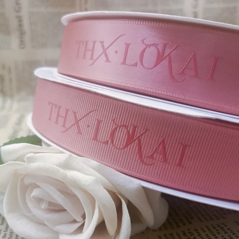Custom Luxury 3d Raised Embossed 1 Inch Black Double Face Grosgrain Logo Customized Printed Satin Ribbon