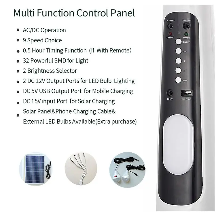18 Inch AC DC, Rechargeable electric 12V DC Solar Powered Stand Fan with 24 LED Light and solar panel 2 bulb/