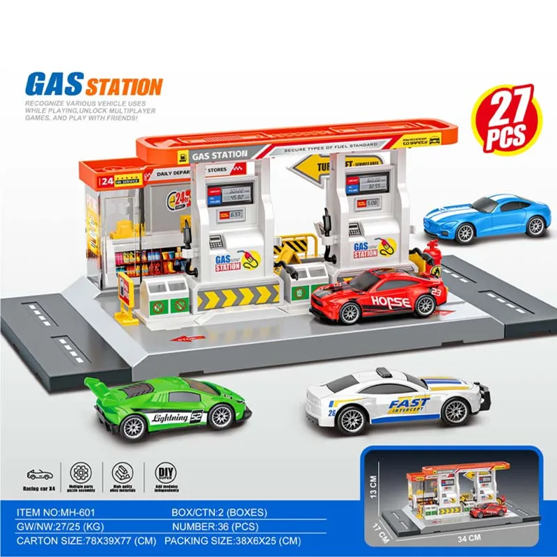 Kids Petrol Station Toy Parking Lot Racing Cars City Gas Equipped with 4 Mini Alloy Car
