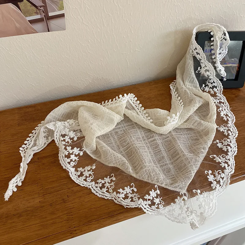 French Embroidery Flowers Beige Head Wrap Bandannas Silk Triangle Scarf Headband Lace Hair Band Headscarf