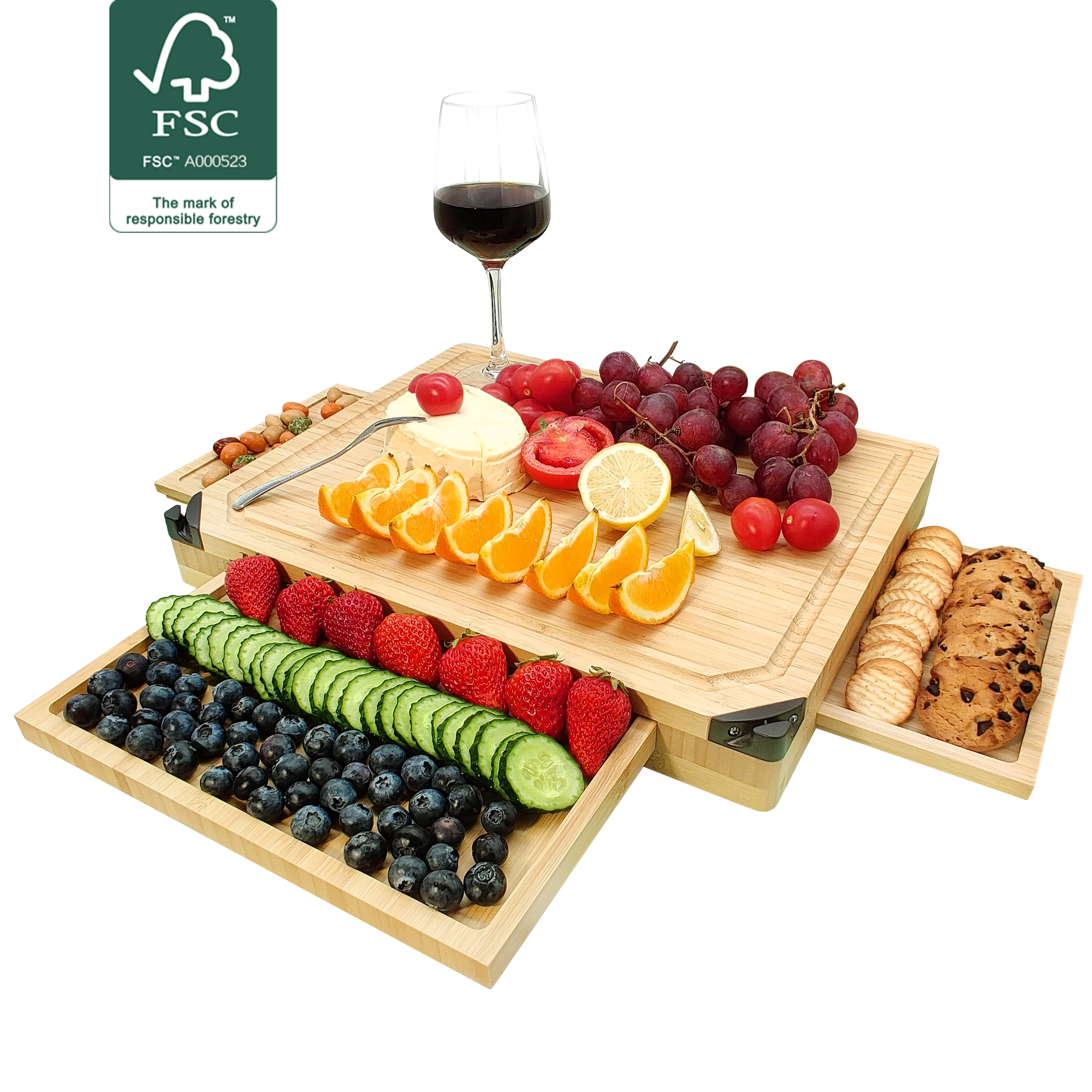 Wholesale cheese board Bamboo chopping block Super thick cutting board Bamboo cheese board with three trays