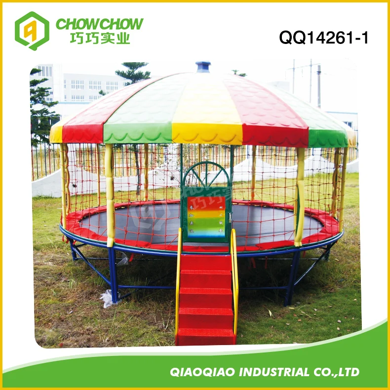Children's outdoor round trampoline with roof and iron ladders