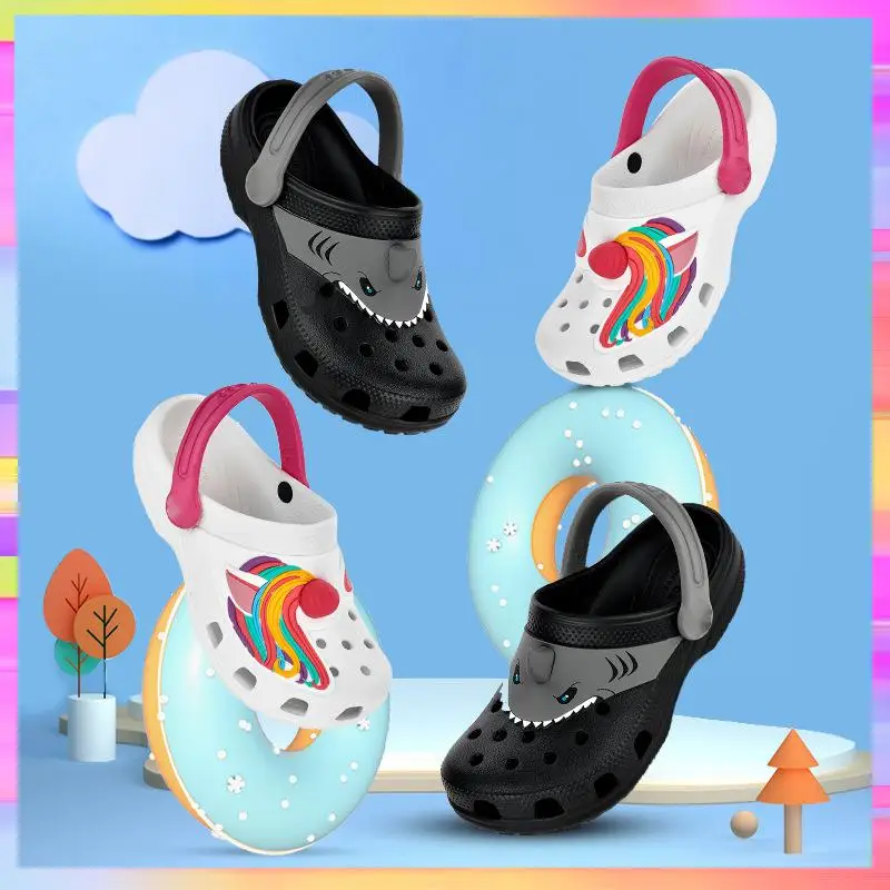 Садовые детские сабо EVA с фирменным логотипом, Мультяшные единороги, сабо, тапки, тапки, подвески, детские сабо, пляжная обувь