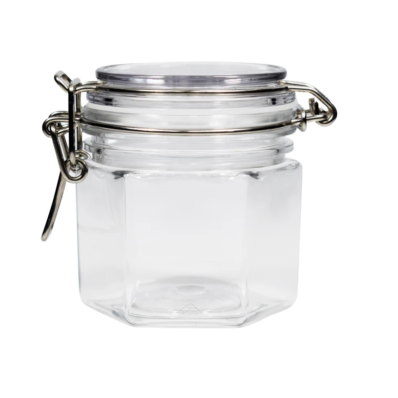 empty hexagon 300ml 10oz PET plastic clip top leak-proof hermetic kilner storage jar