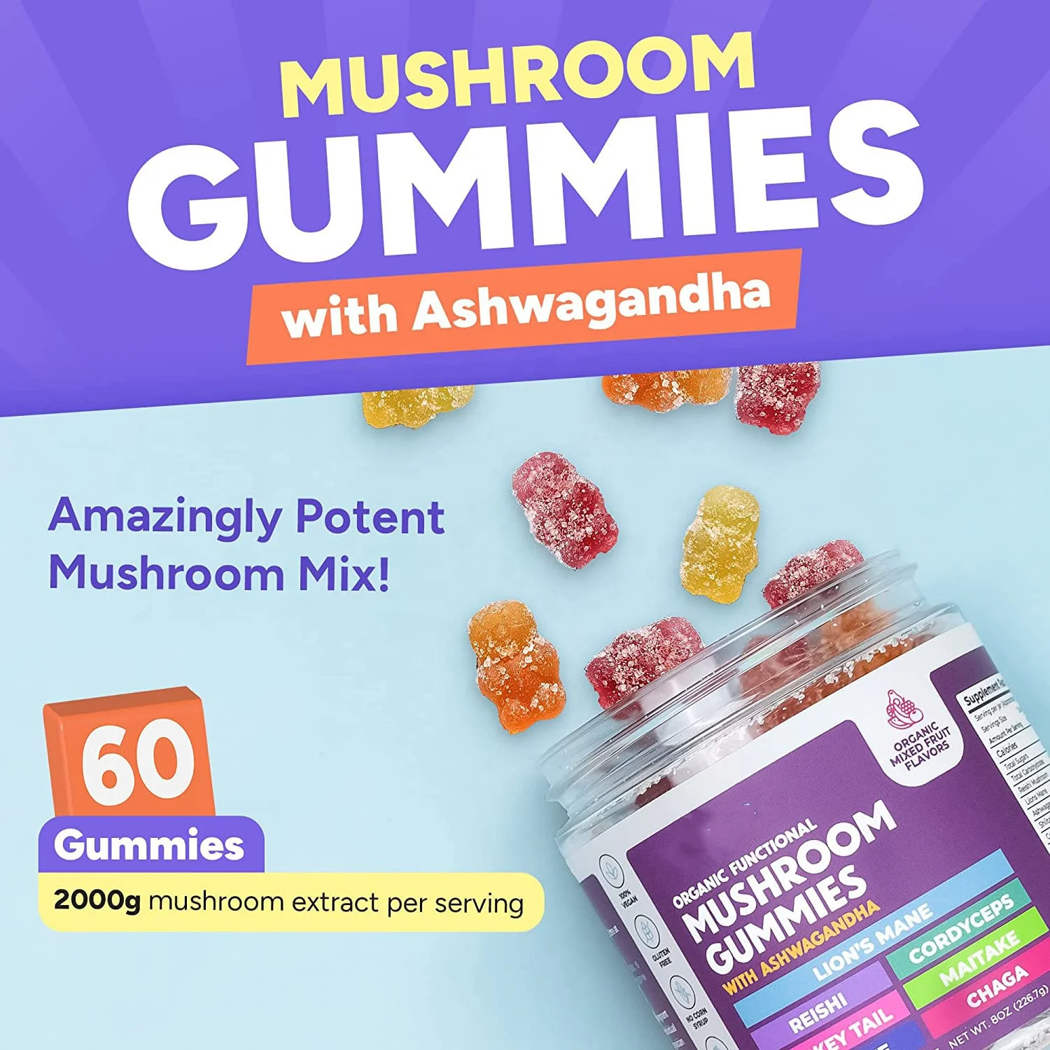 Wholesaler OEM Lions Mane Mushroom Gummy 60 counts Organic functional Mushroom mix fruit Flavor Vegan Low Carb beras Gummies