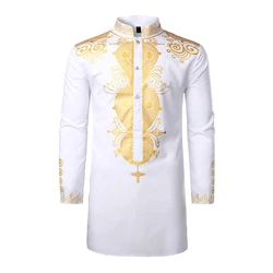 Мужская африканская традиционная Дашики Роскошная золотая рубашка с принтом средней длины для свадьбы Дашики для мужчин